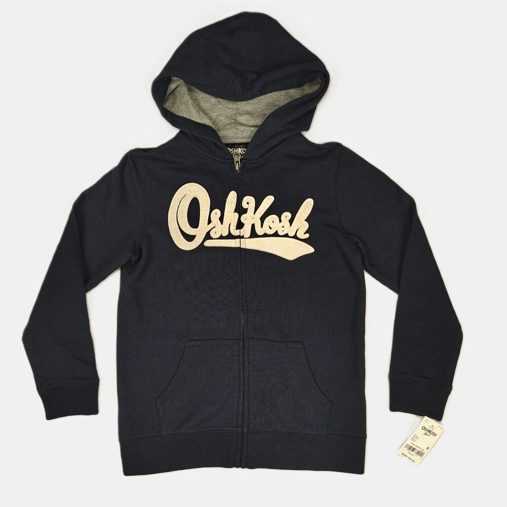 Oshkosh B’gosh Boys Full Zip Hoodie Size 8 NWT Navy Blue Beige Logo
